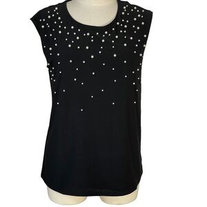 Carmen Marc Valvo Black Stetch Short Sleeve Pearl Accent Top Tee Shirt Sz L